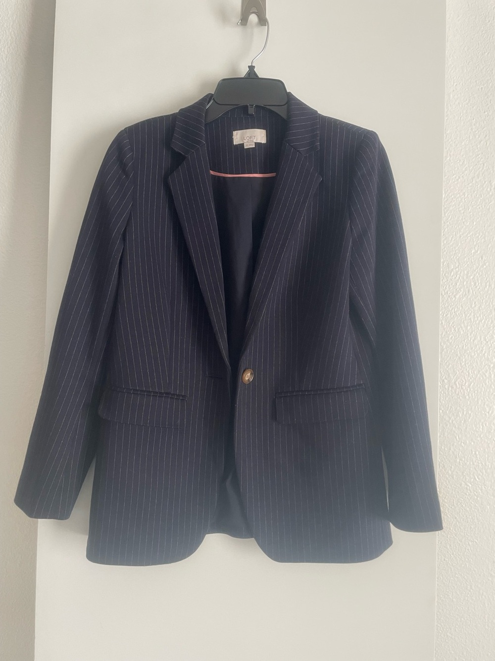 2P LOFT Ann Taylor Blazer Classic Navy/Grey Vertical Pinstripes Lined NWOT
